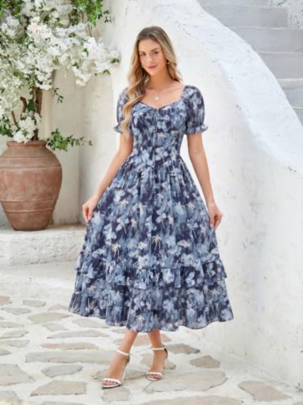 Floral Maxi Dress Puff Sleeve Corset Waist Sweetheart Neck - Picture 2 of 5